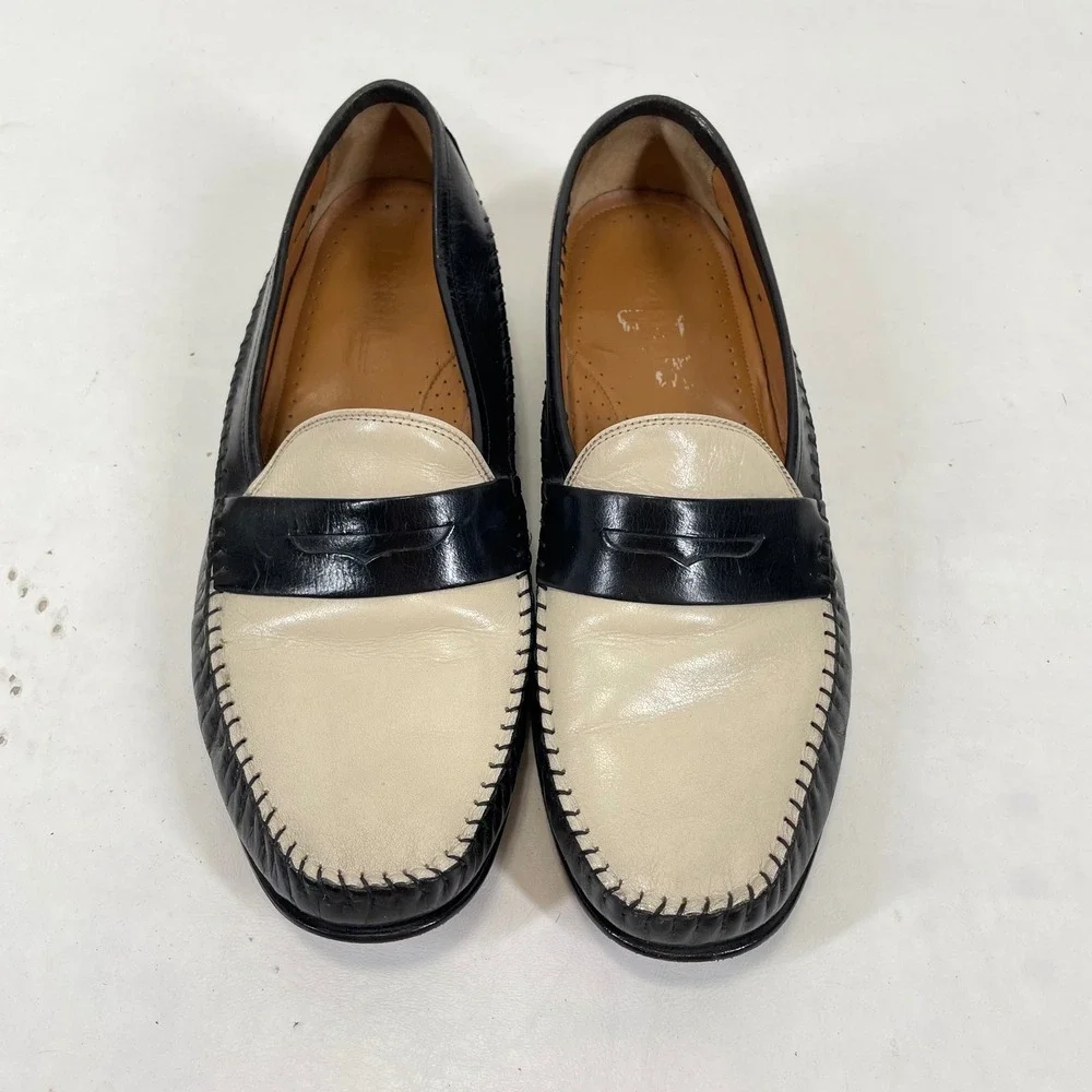 Florsheim Mens Two Tone Penny Loafers Black Cream Leather Whipstitch 10.5 EEE